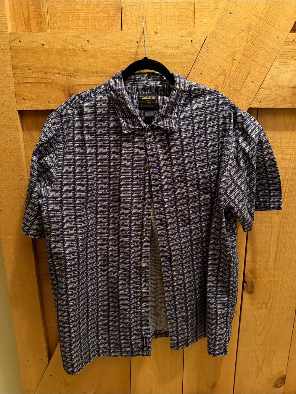 Woolrich Navy & White Vintage “Fishing Lure” Short-Sleeve Button-Up Shirt